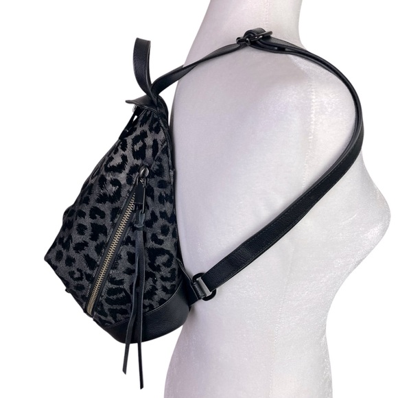 Rebecca Minkoff Julian Mini Flock Fabric Leopard Backpack Bag Leather Trim Black main image 12